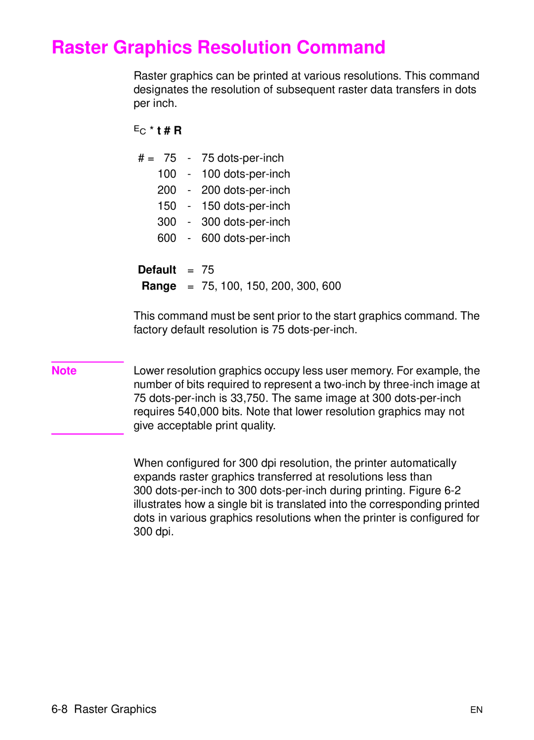 HP L 5 manual Raster Graphics Resolution Command, ? * t # R 