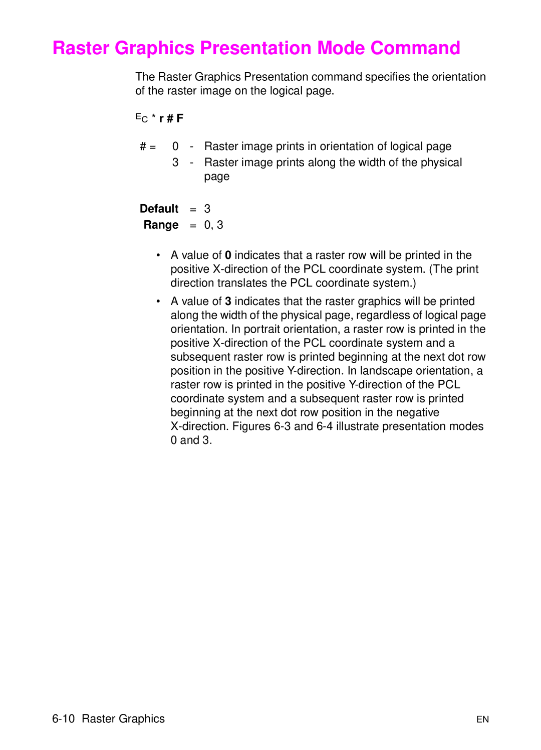 HP L 5 manual Raster Graphics Presentation Mode Command, ? * r # F, Default = Range = 0 