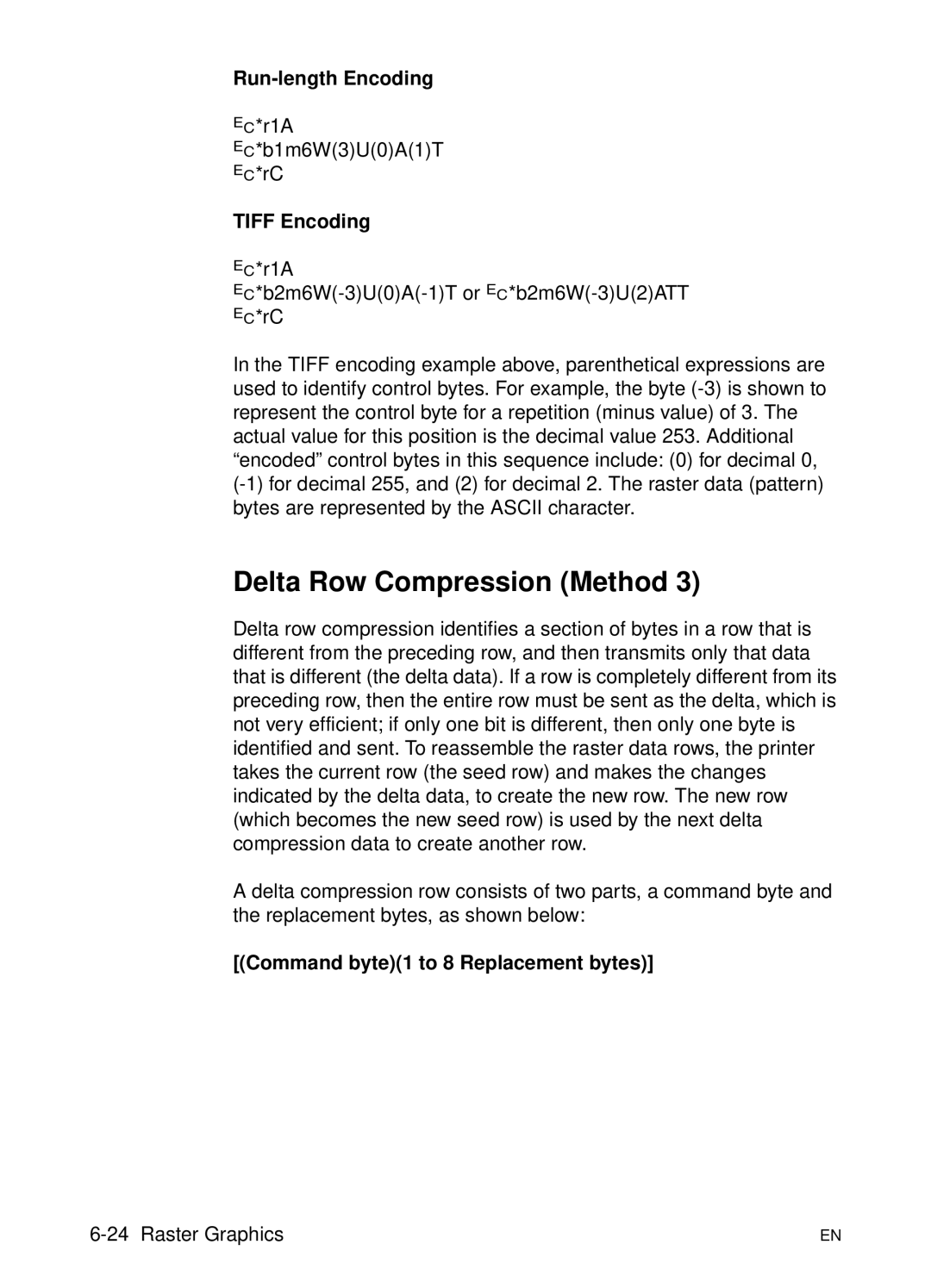 HP L 5 manual Delta Row Compression Method, Run-length Encoding, Tiff Encoding, Command byte1 to 8 Replacement bytes 