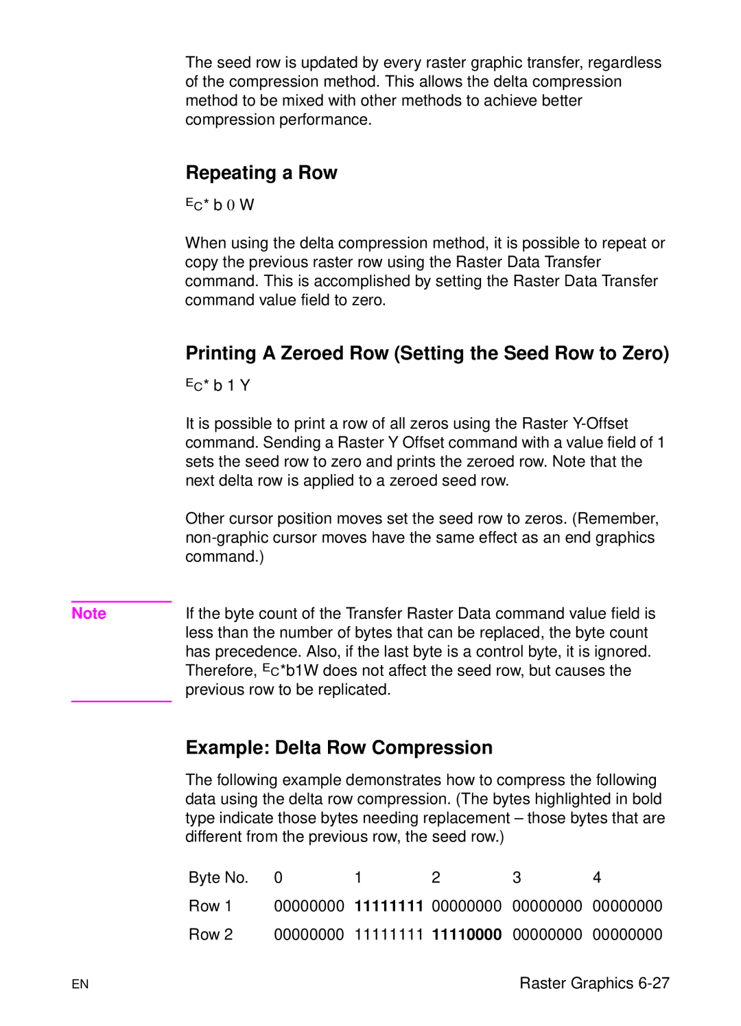 HP L 5 Repeating a Row, Printing a Zeroed Row Setting the Seed Row to Zero, Example Delta Row Compression, 11111111 