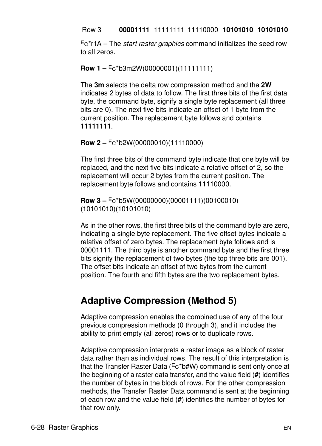 HP L 5 manual Adaptive Compression Method, Row 00001111 11111111 10101010 