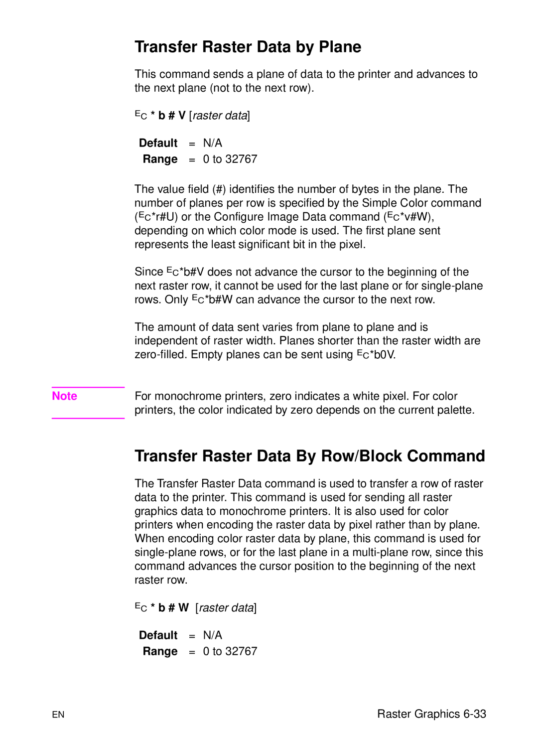 HP L 5 manual Transfer Raster Data by Plane, Transfer Raster Data By Row/Block Command 