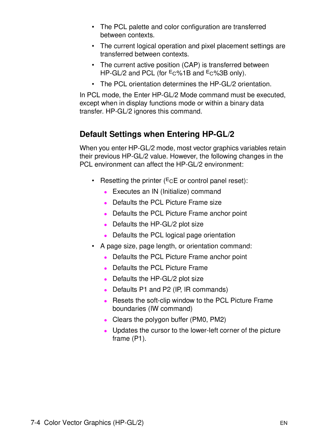 HP L 5 manual Default Settings when Entering HP-GL/2 