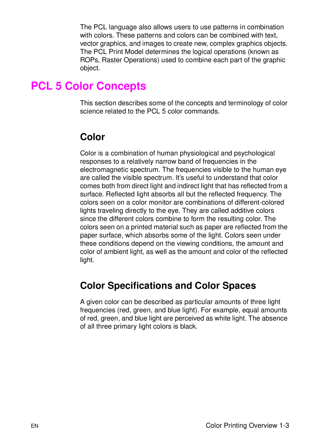 HP manual PCL 5 Color Concepts, Color Specifications and Color Spaces 