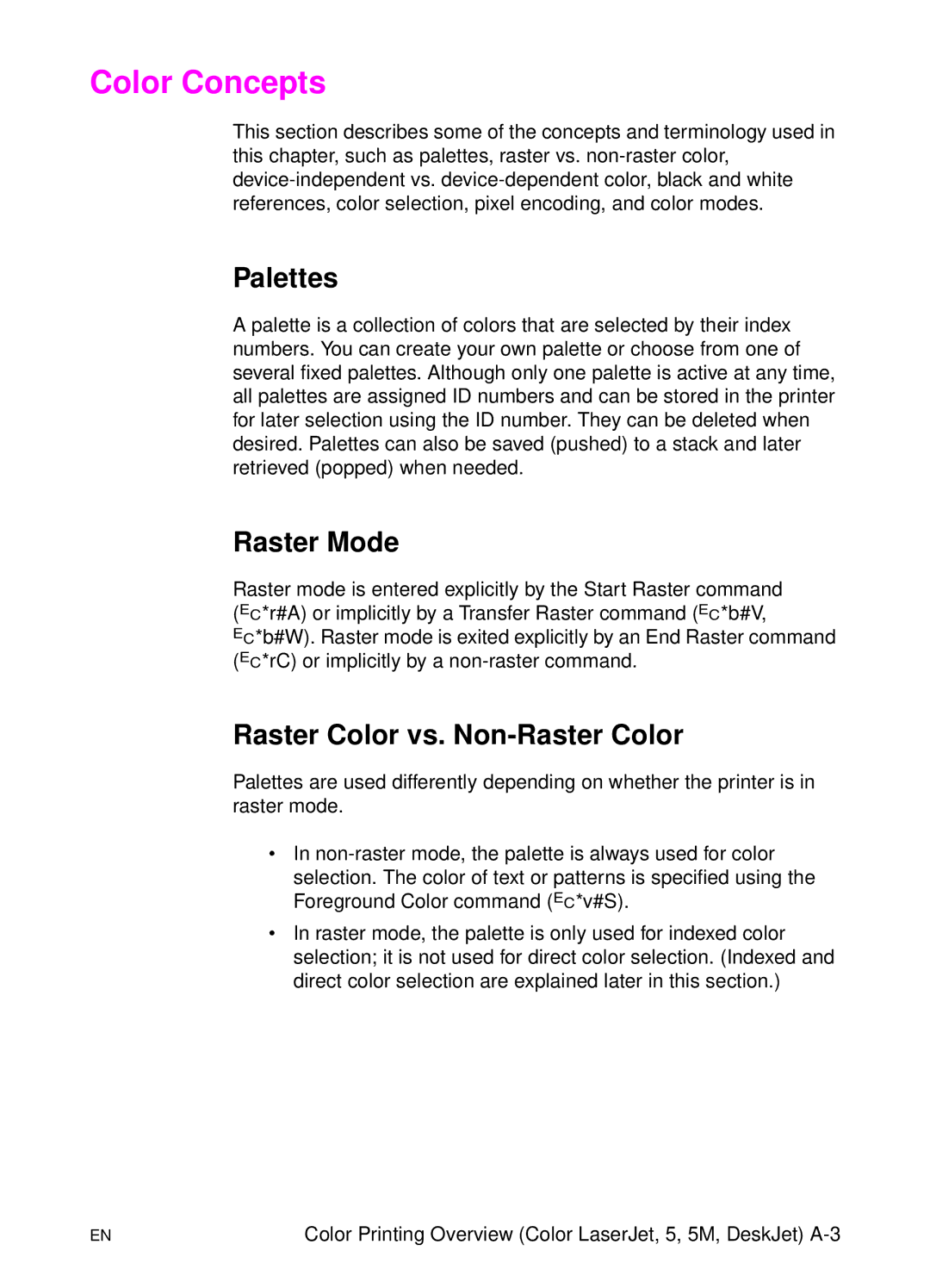 HP L 5 manual Color Concepts, Palettes, Raster Mode, Raster Color vs. Non-Raster Color 