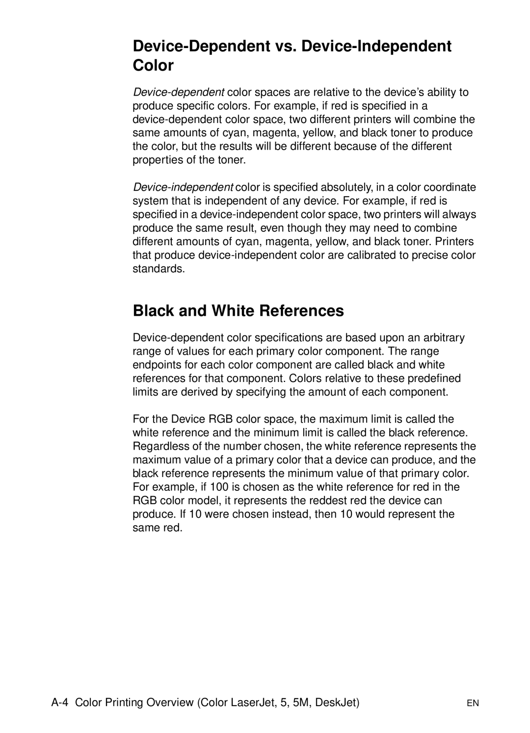 HP L 5 manual Device-Dependent vs. Device-Independent Color, Black and White References 