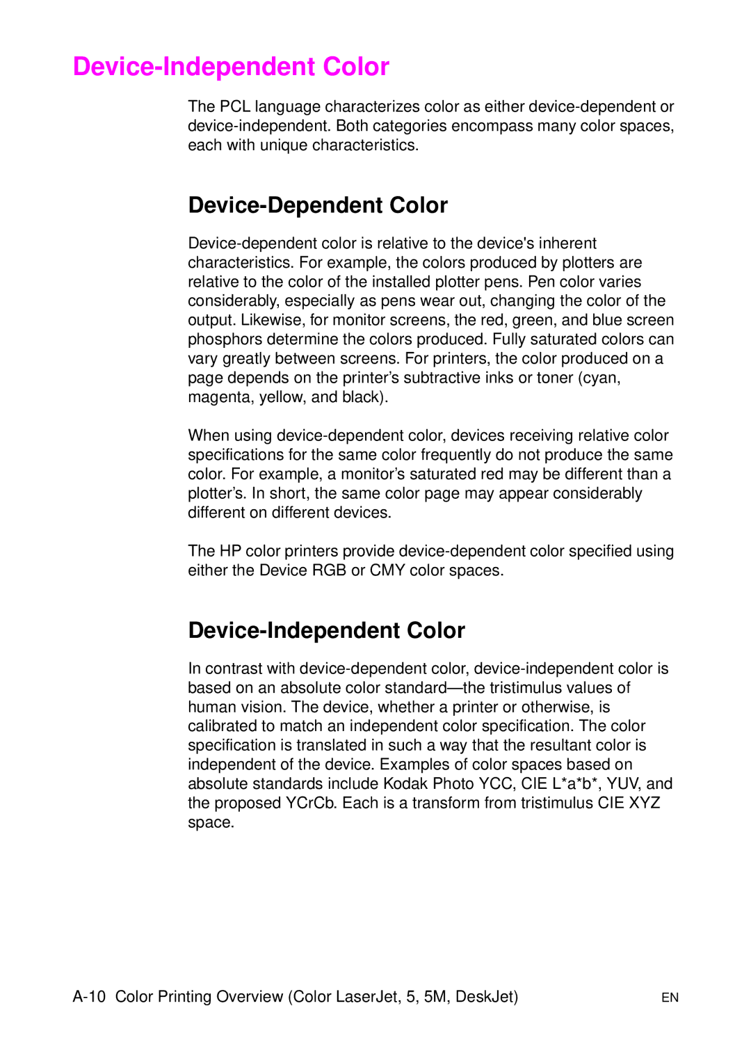 HP L 5 manual Device-Independent Color, Device-Dependent Color 