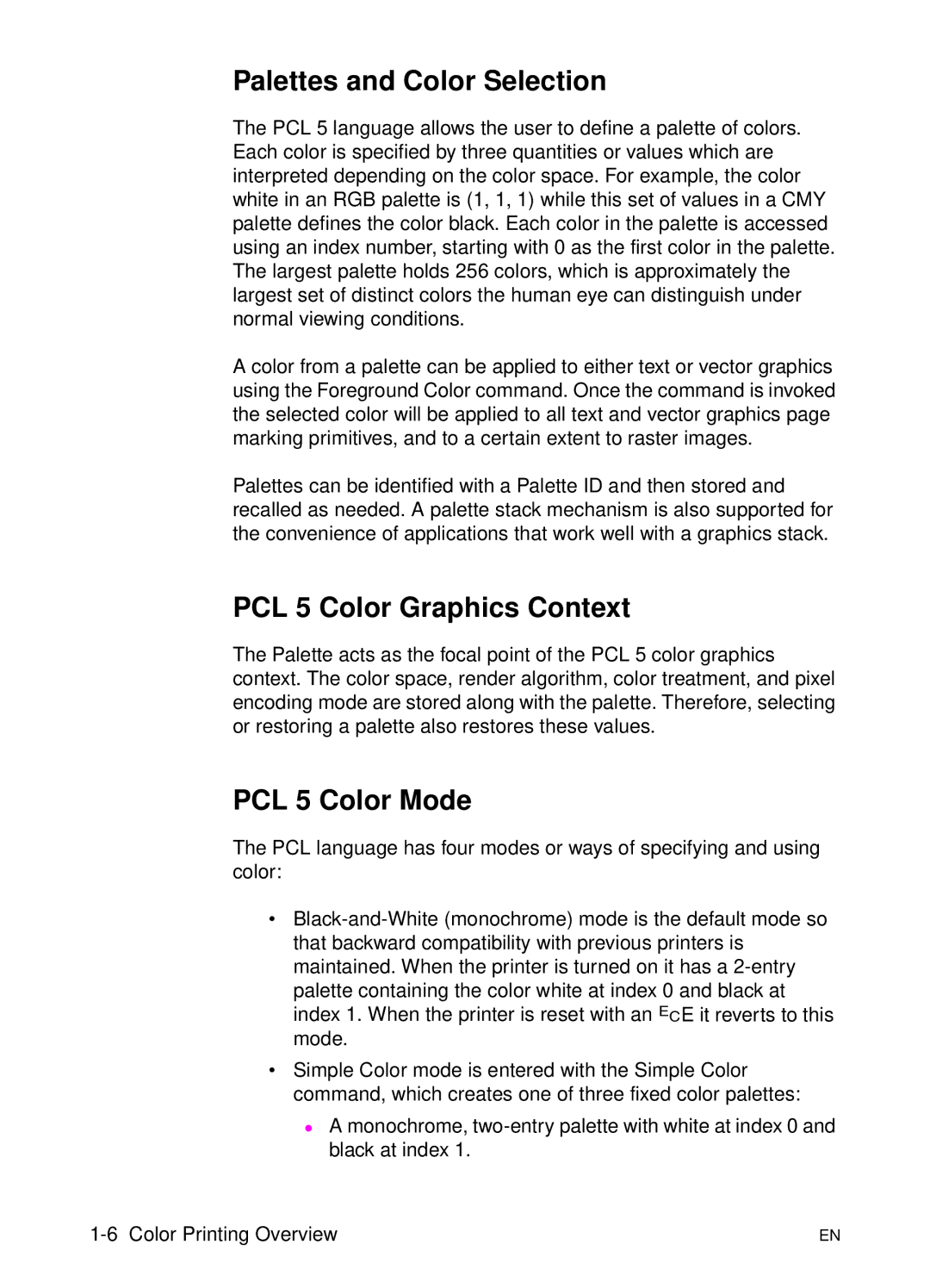 HP manual Palettes and Color Selection, PCL 5 Color Graphics Context, PCL 5 Color Mode 