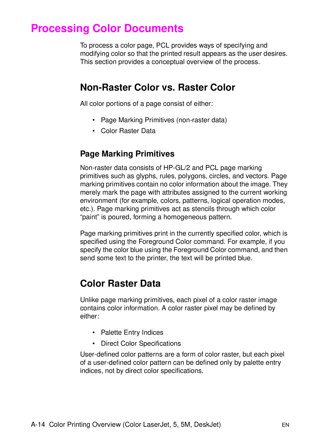 HP L 5 manual Processing Color Documents, Non-Raster Color vs. Raster Color, Color Raster Data, Marking Primitives 