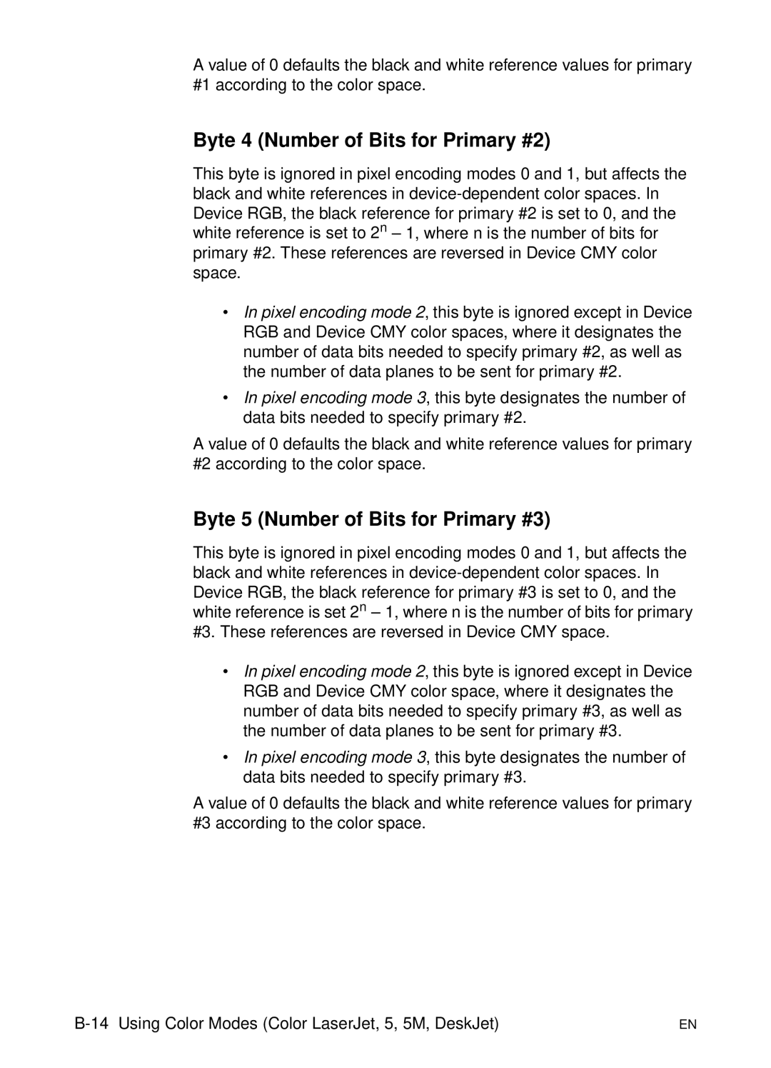 HP L 5 manual Byte 4 Number of Bits for Primary #2, Byte 5 Number of Bits for Primary #3 