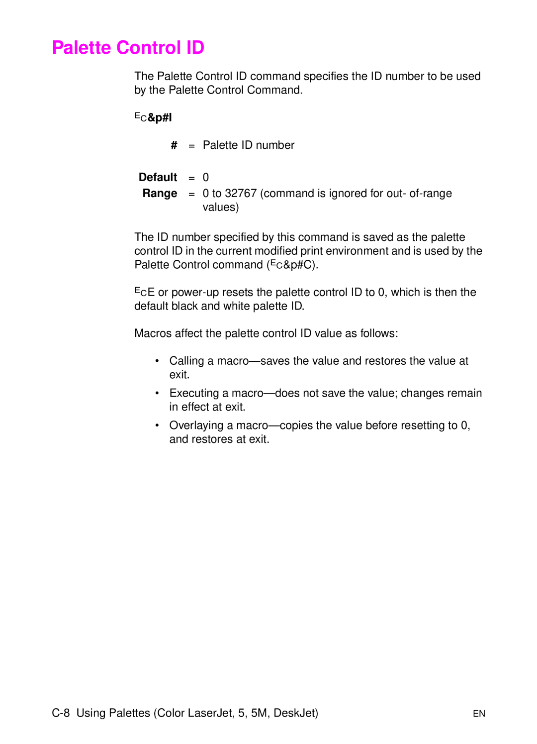 HP L 5 manual Palette Control ID 