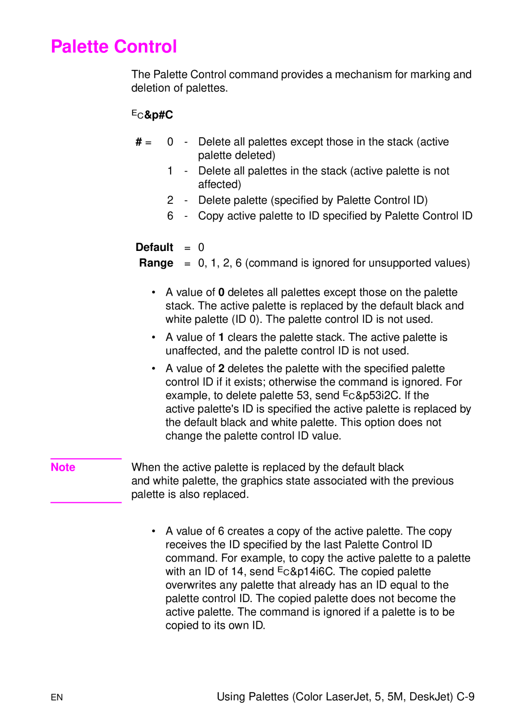 HP L 5 manual Palette Control 