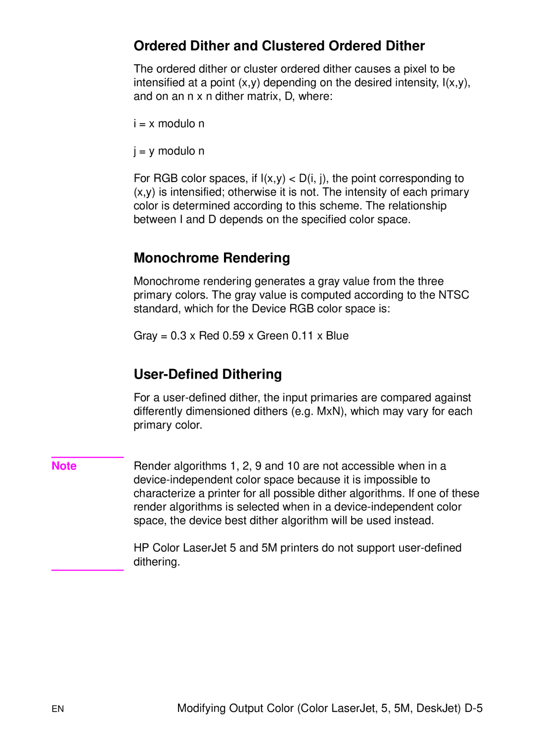 HP L 5 manual Ordered Dither and Clustered Ordered Dither, Monochrome Rendering, User-Defined Dithering 