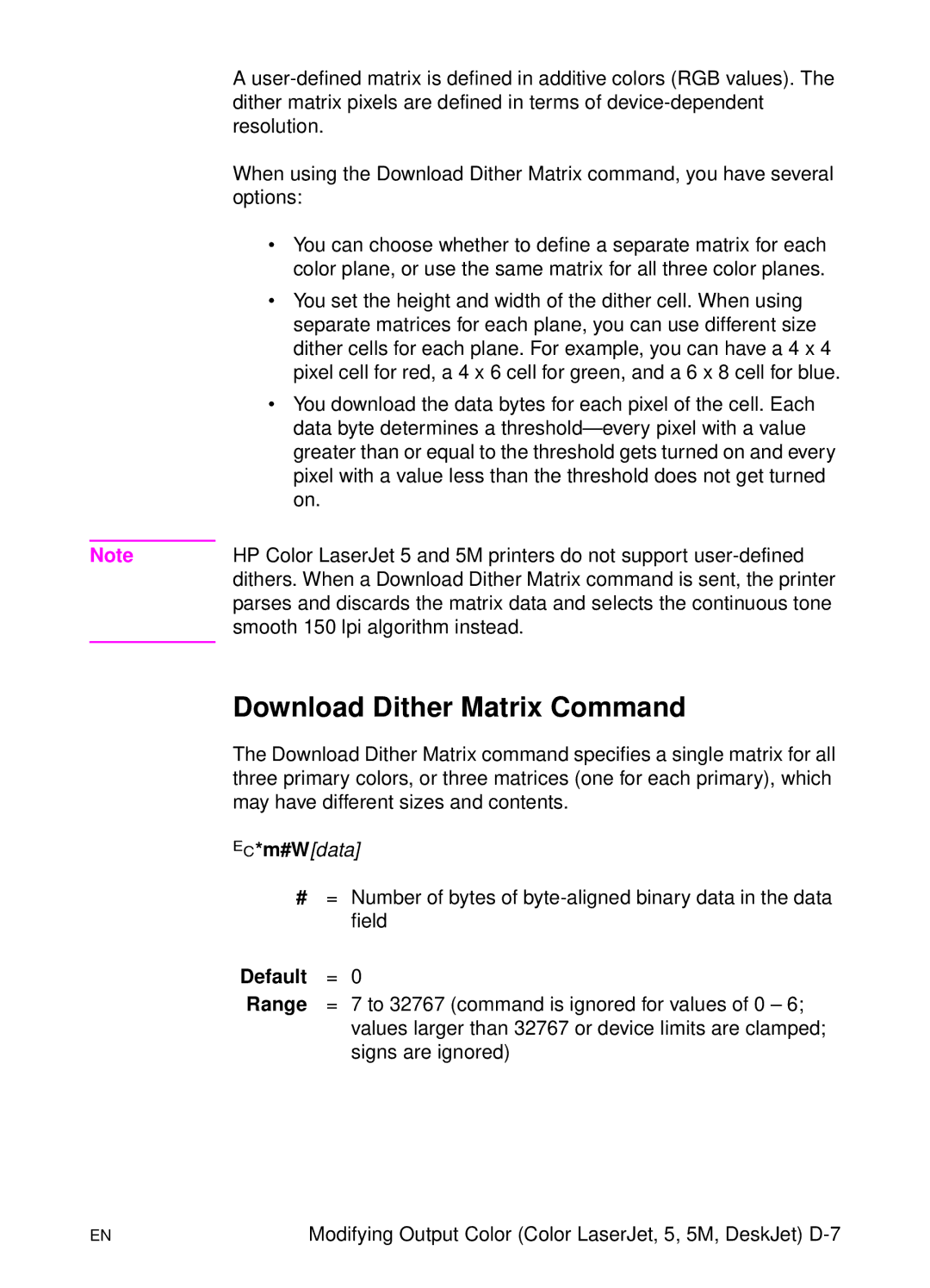 HP L 5 manual Download Dither Matrix Command, Default Range 