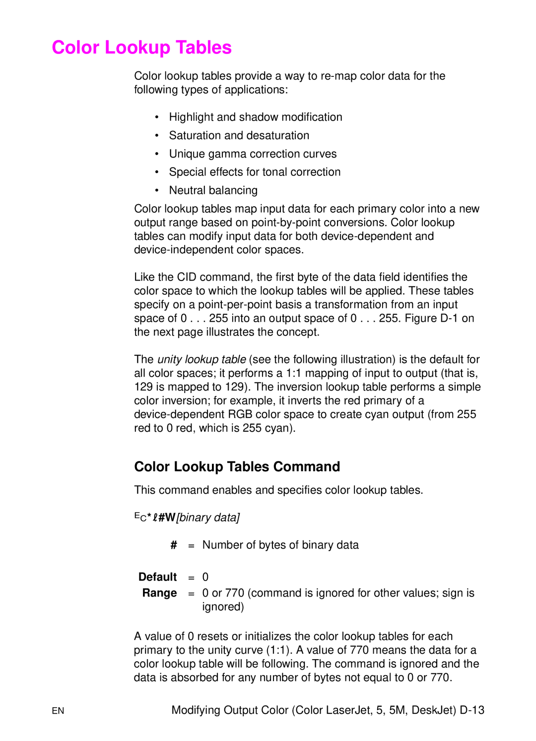 HP L 5 manual Color Lookup Tables Command 