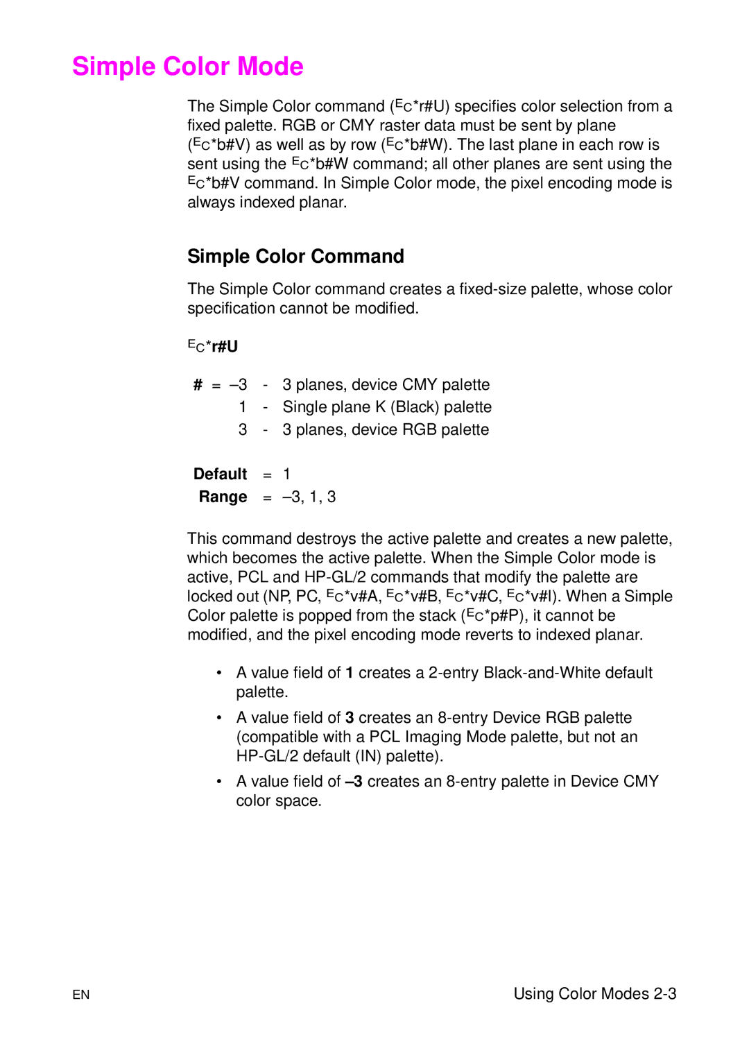 HP L 5 manual Simple Color Mode, Simple Color Command, ? *r#U, Default Range 