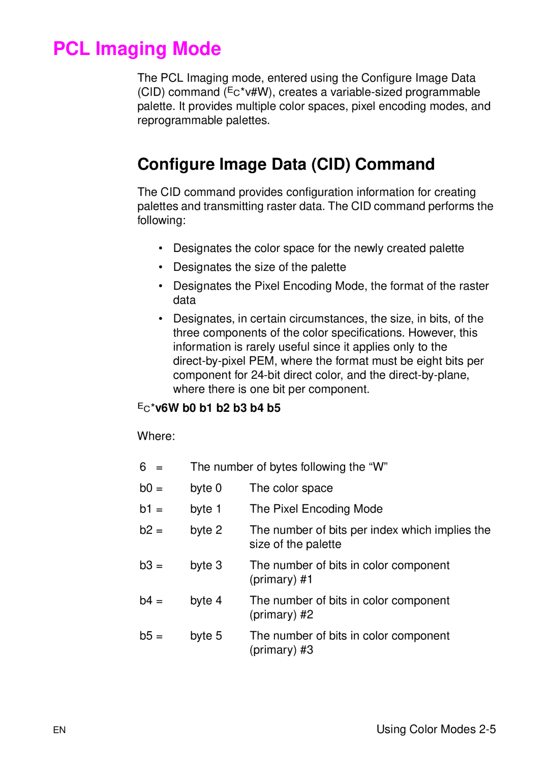 HP L 5 manual PCL Imaging Mode, Configure Image Data CID Command, ?*v6W b0 b1 b2 b3 b4 b5 