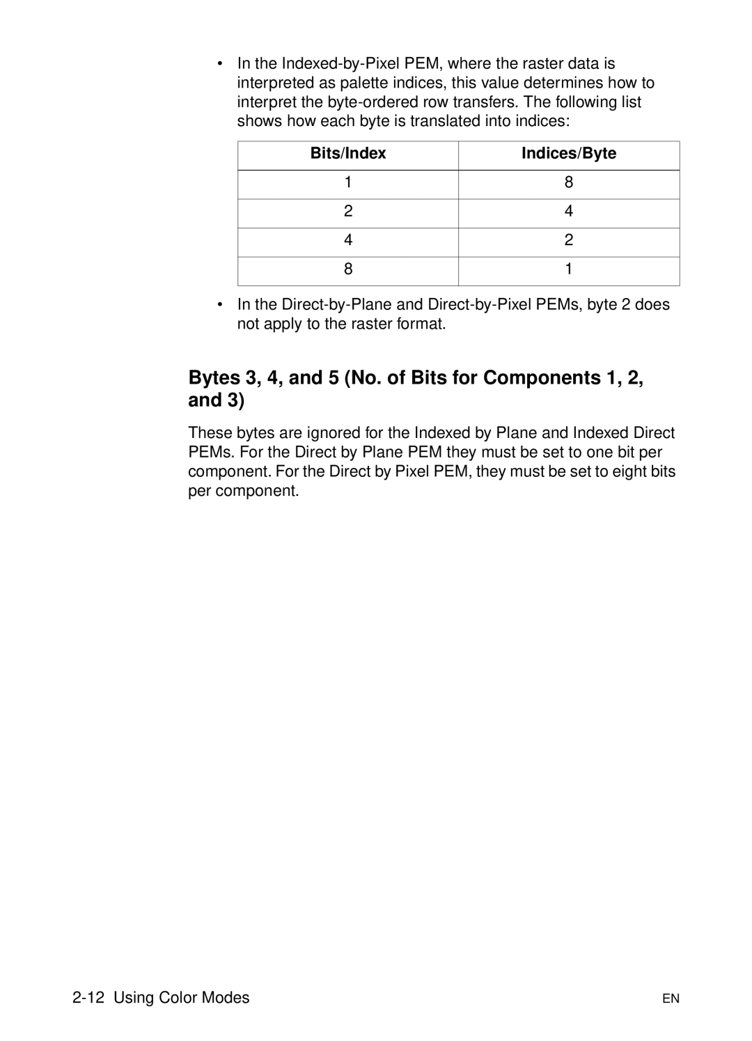 HP L 5 manual Bytes 3, 4, and 5 No. of Bits for Components 1, 2, Bits/Index Indices/Byte 