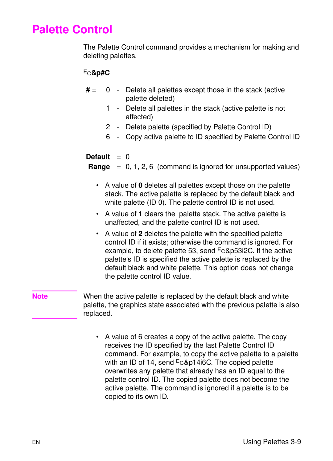 HP L 5 manual Palette Control, ?&p#C 