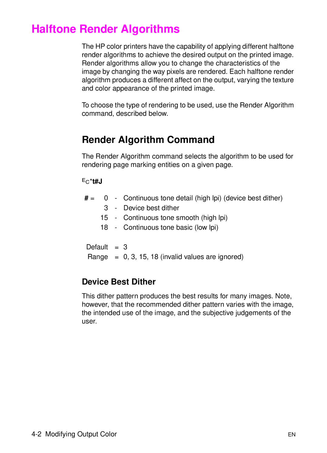 HP L 5 manual Halftone Render Algorithms, Render Algorithm Command, Device Best Dither, ? *t#J 