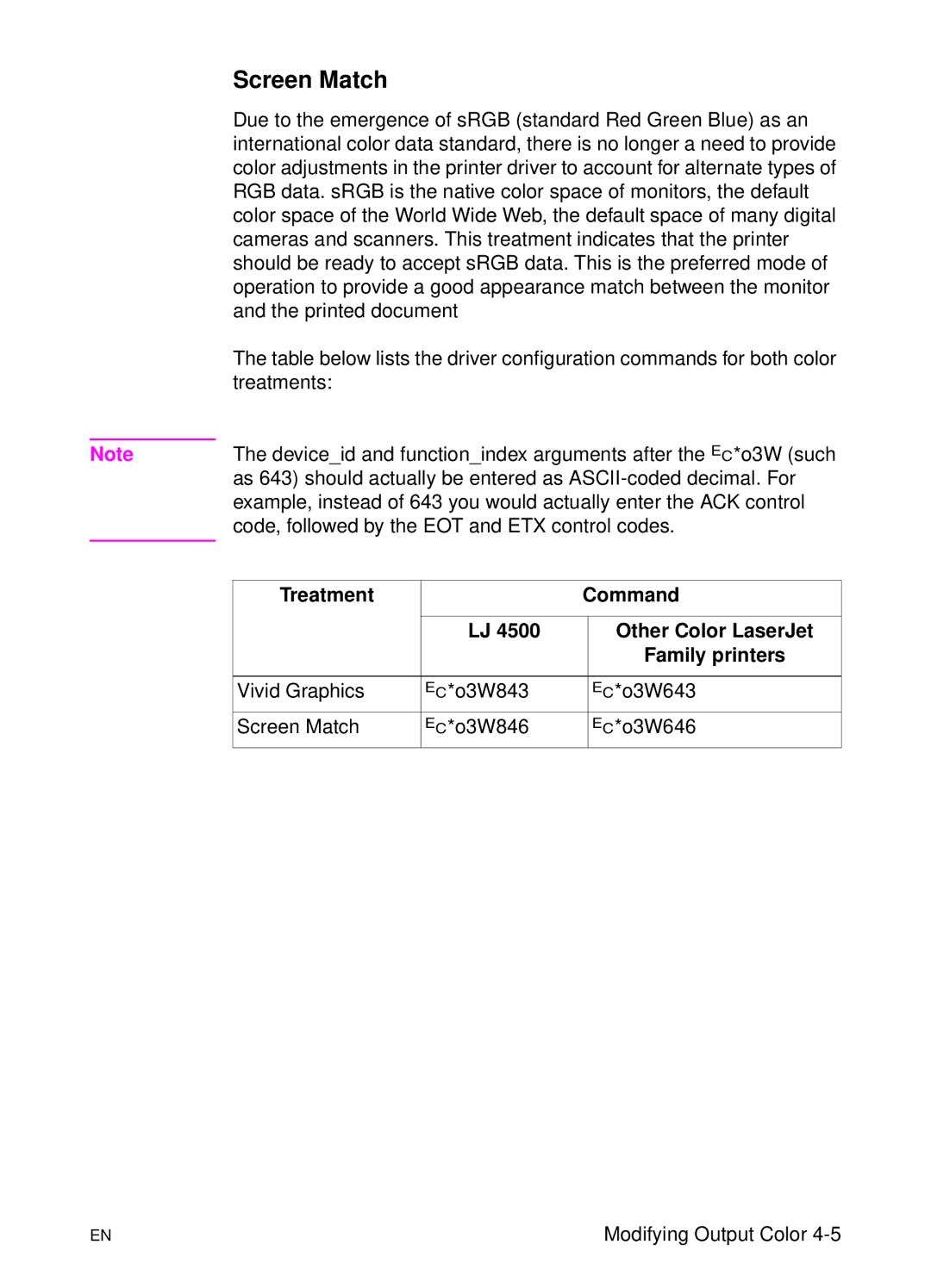 HP L 5 manual Screen Match, Treatment Command Other Color LaserJet 