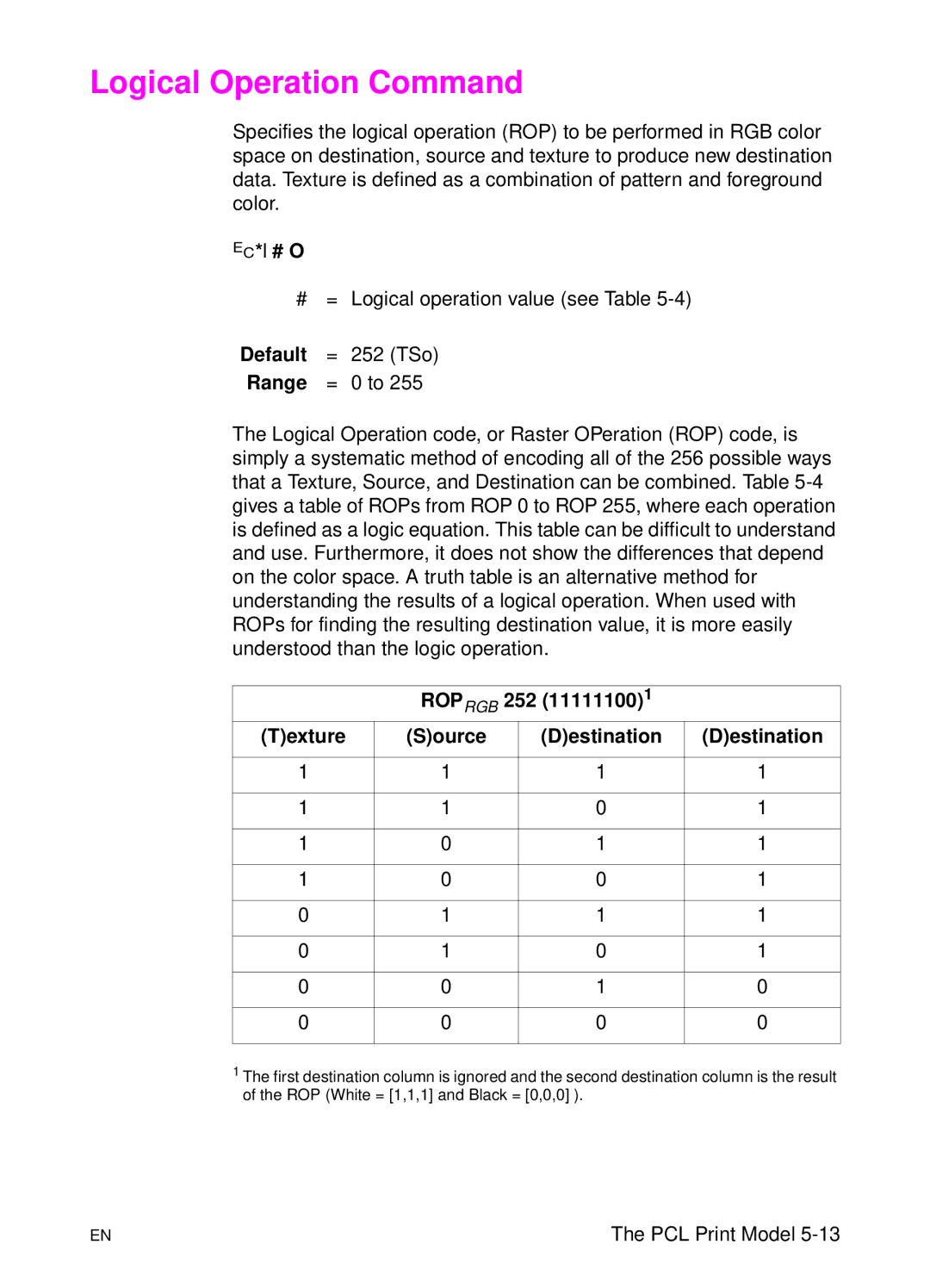 HP L 5 manual Logical Operation Command, ?*l # O, Roprgb 252 Texture Source Destination 