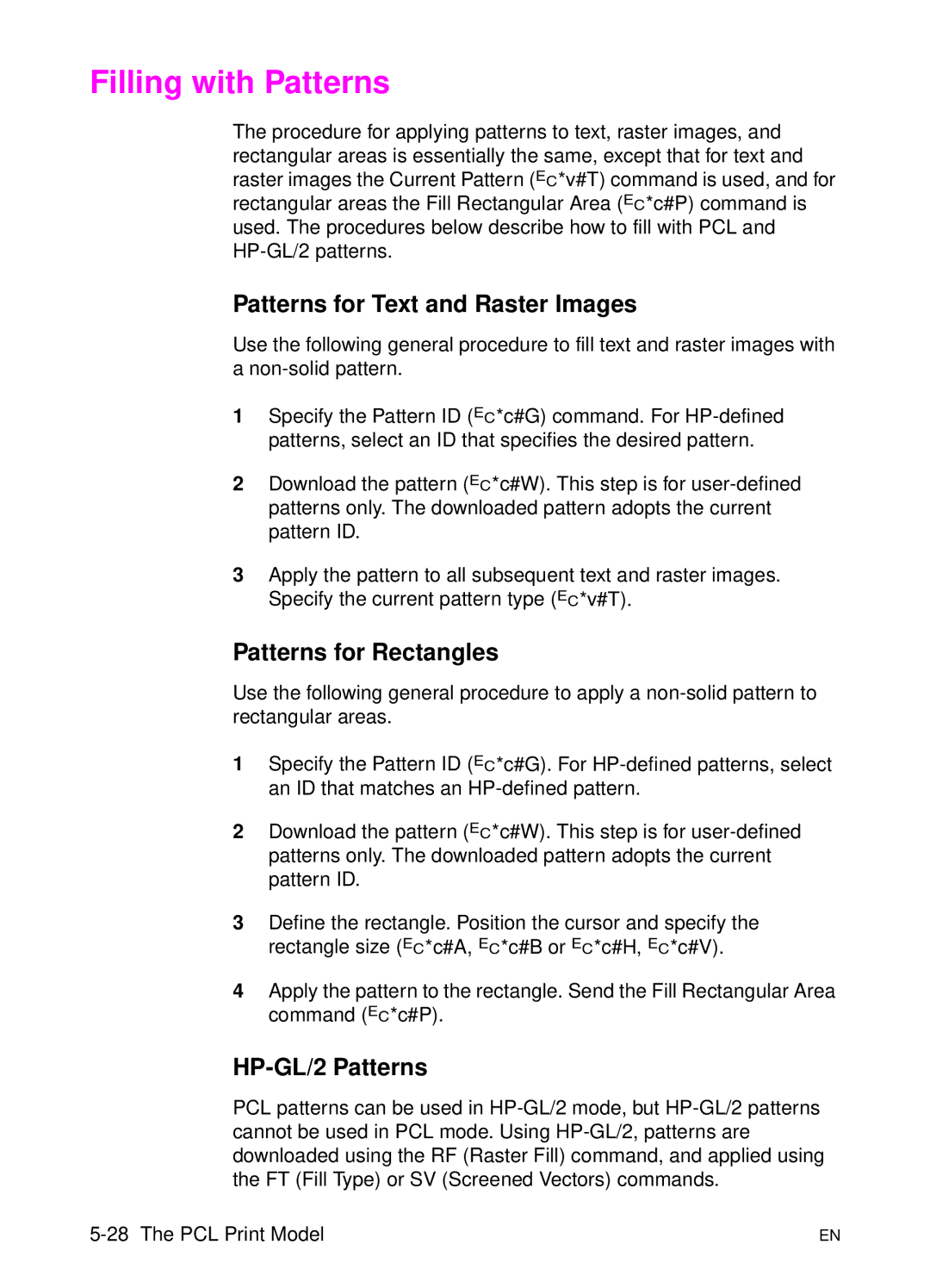 HP L 5 manual Filling with Patterns, Patterns for Text and Raster Images, Patterns for Rectangles, HP-GL/2 Patterns 