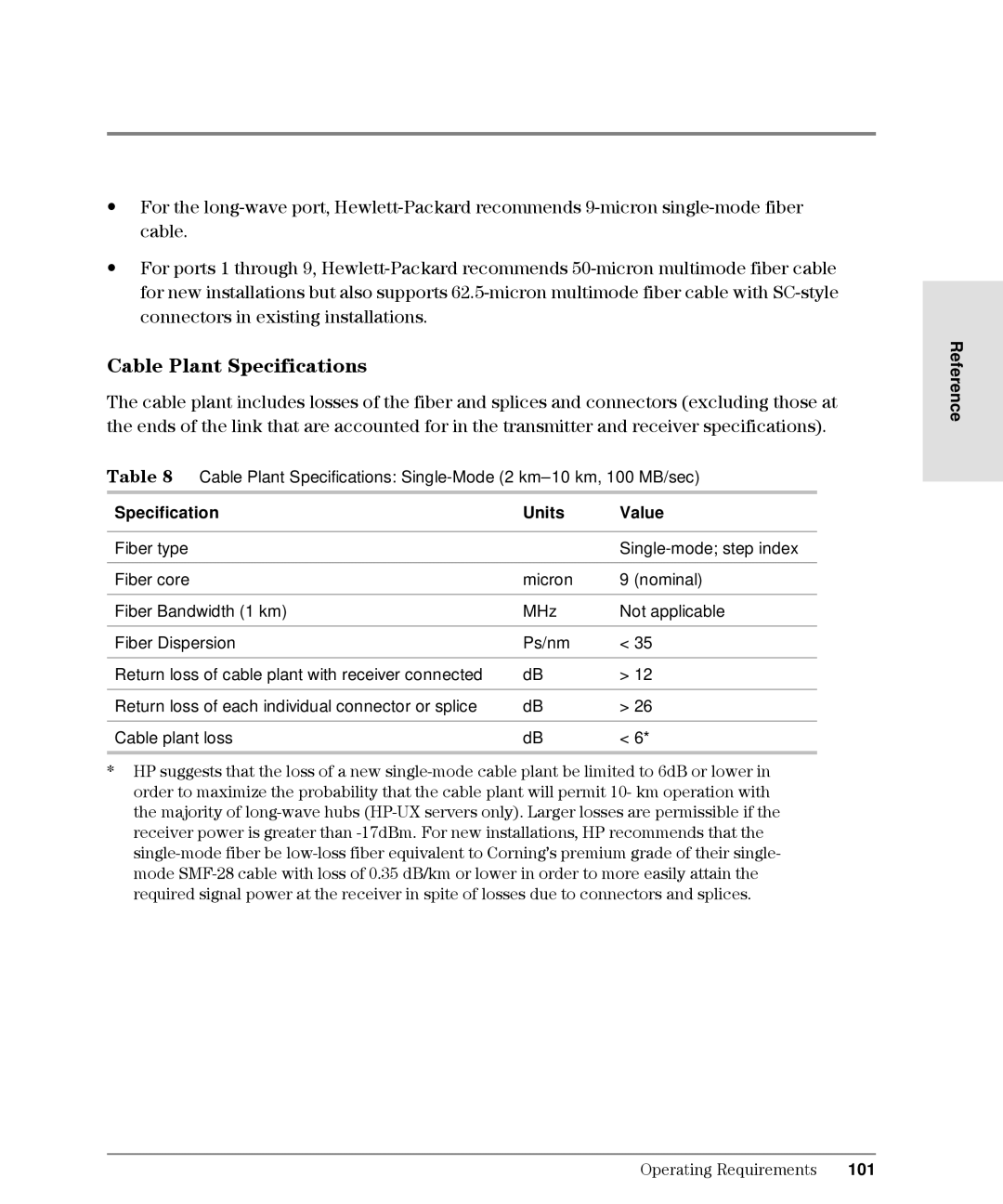 HP Intrusion Prevention System S10, L10 manual Cable Plant Specifications, Specification Units Value, 101 