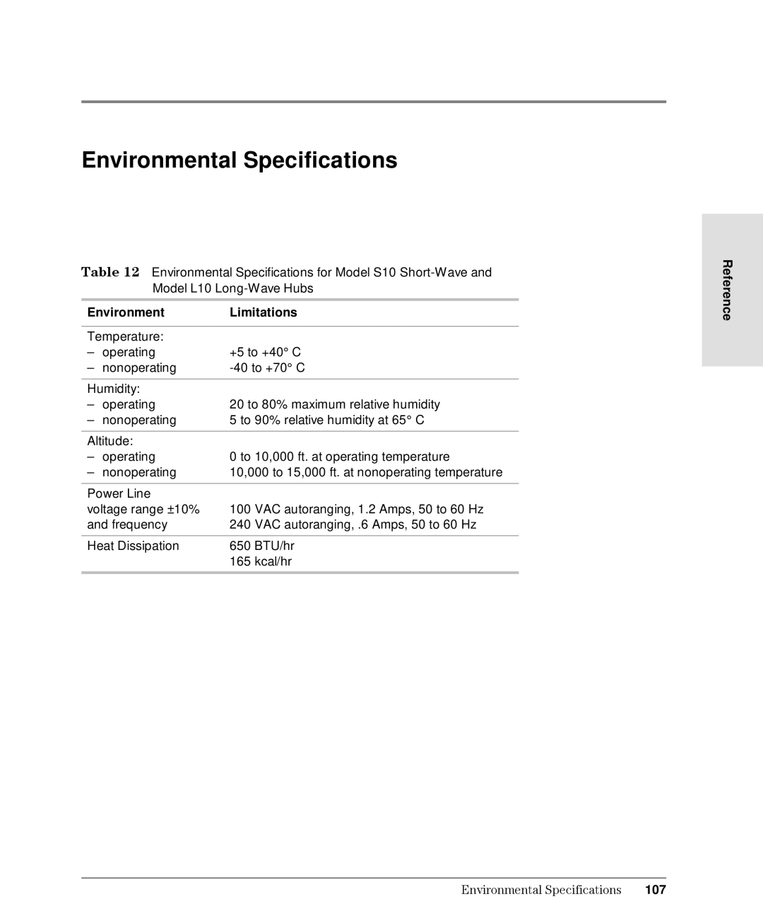 HP Intrusion Prevention System S10, L10 manual Environmental Specifications, Environment Limitations, 107 