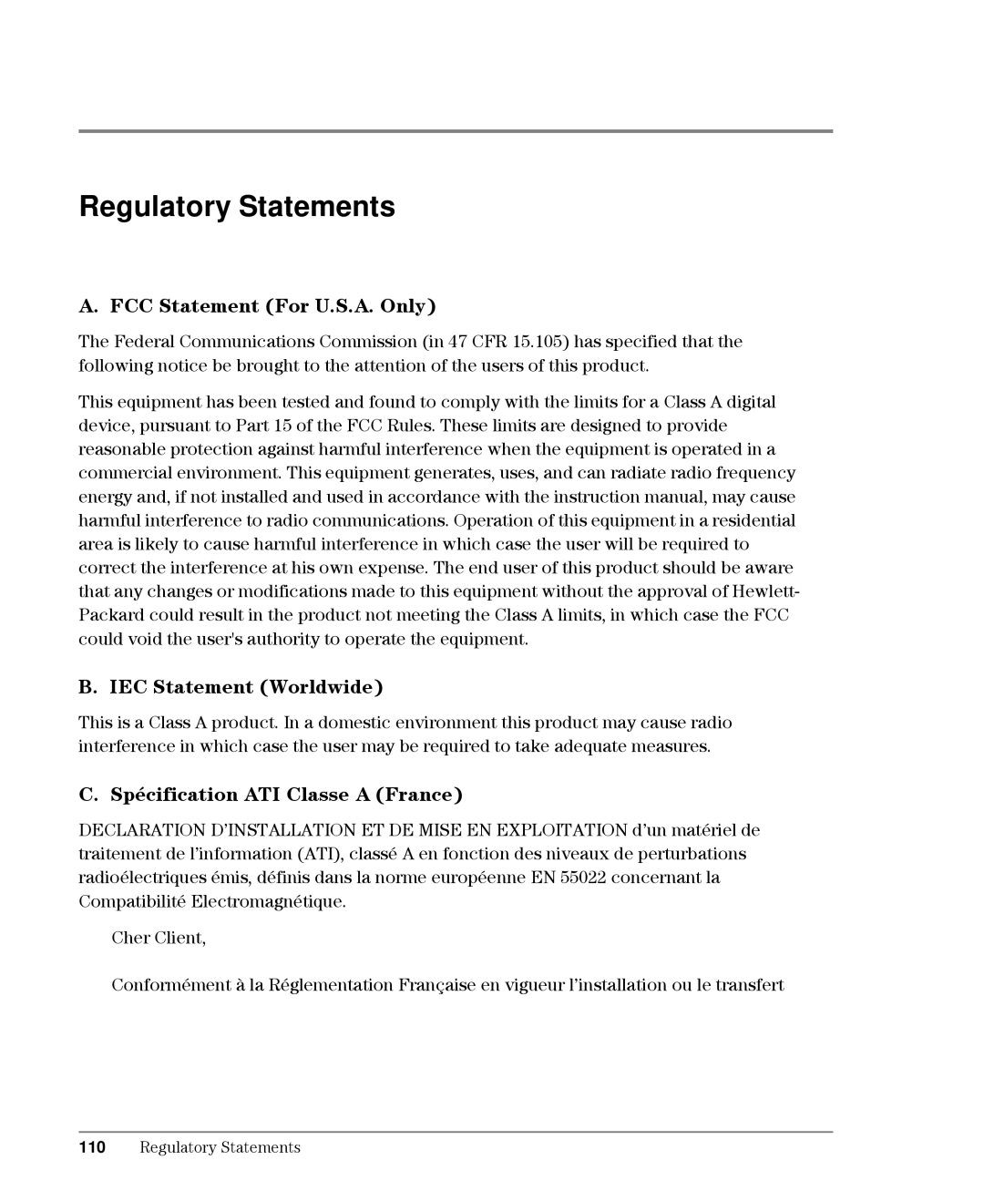 HP L10 Regulatory Statements, FCC Statement For U.S.A. Only, IEC Statement Worldwide, Spécification ATI Classe a France 