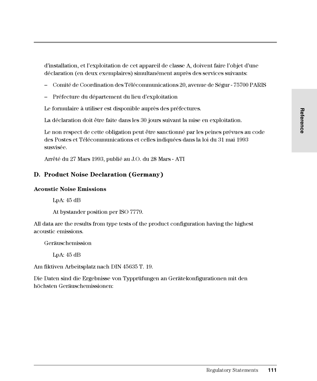 HP Intrusion Prevention System S10, L10 manual Product Noise Declaration Germany, Acoustic Noise Emissions, 111 