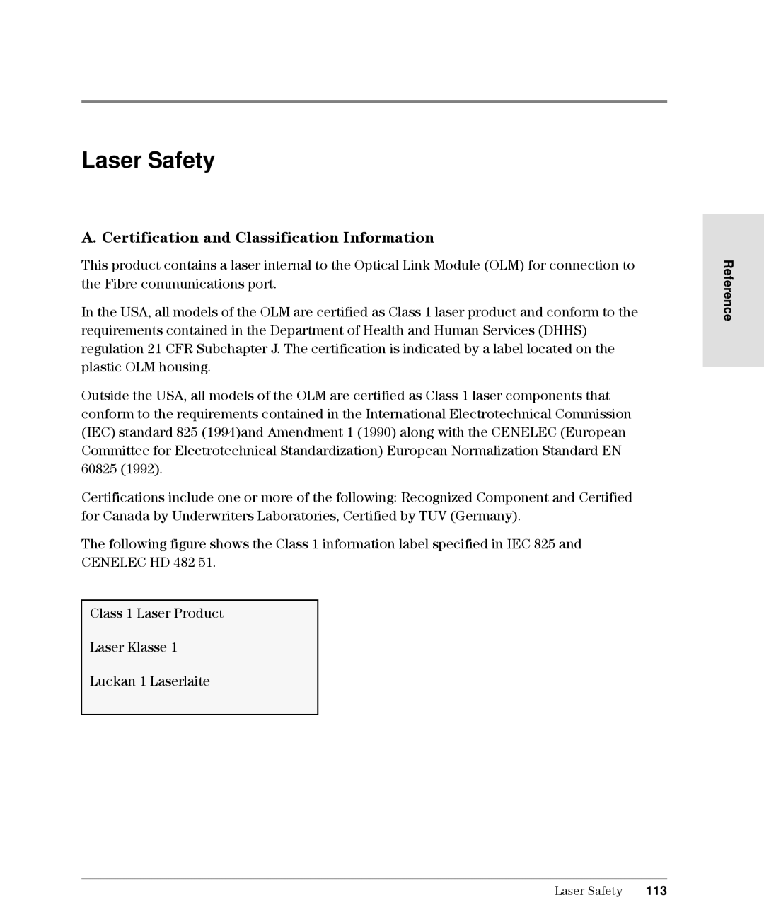 HP Intrusion Prevention System S10, L10 manual Laser Safety, Certification and Classification Information, 113 