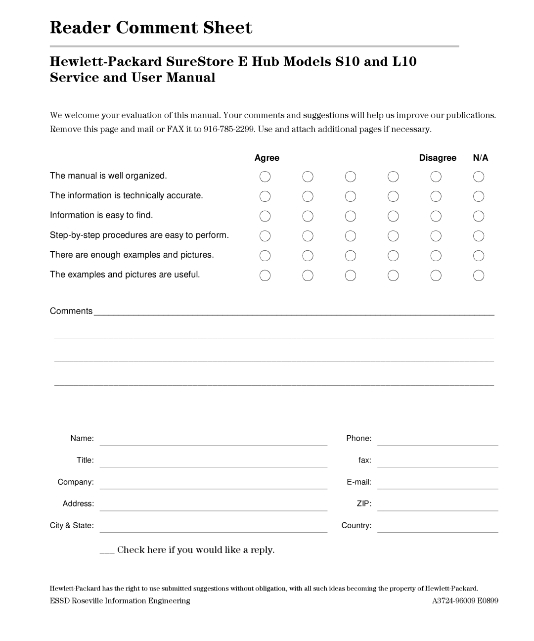 HP Intrusion Prevention System S10, L10 manual Reader Comment Sheet, Agree Disagree 