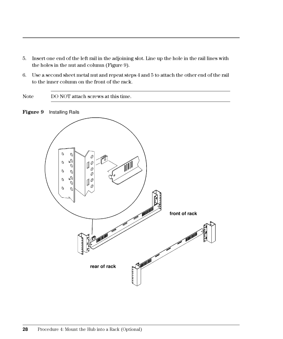 HP L10, Intrusion Prevention System S10 manual Installing Rails, Front of rack Rear of rack 