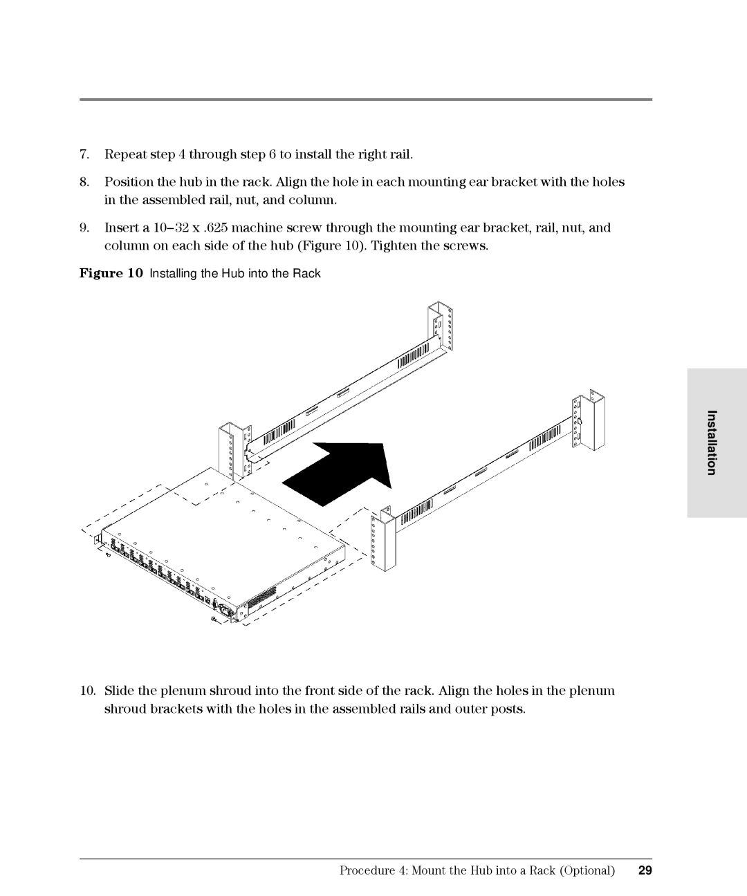 HP Intrusion Prevention System S10, L10 manual Installing the Hub into the Rack 