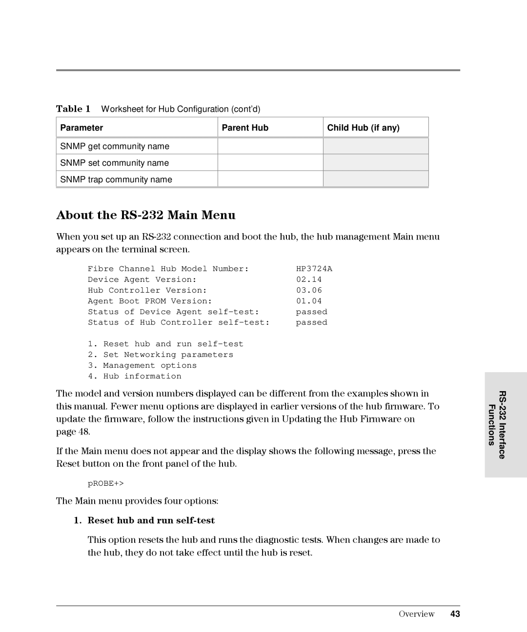 HP Intrusion Prevention System S10 About the RS-232 Main Menu, Reset hub and run self-test, Parent Hub Child Hub if any 