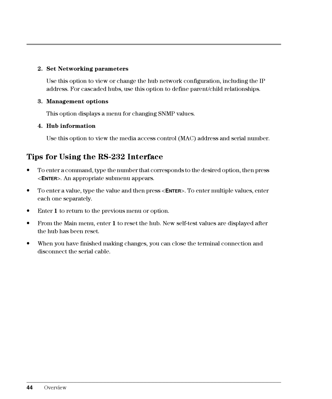 HP L10 manual Tips for Using the RS-232 Interface, Set Networking parameters, Management options, Hub information 