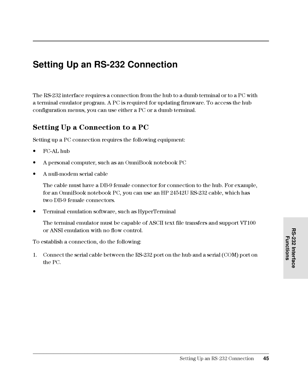 HP Intrusion Prevention System S10, L10 manual Setting Up an RS-232 Connection, Setting Up a Connection to a PC 