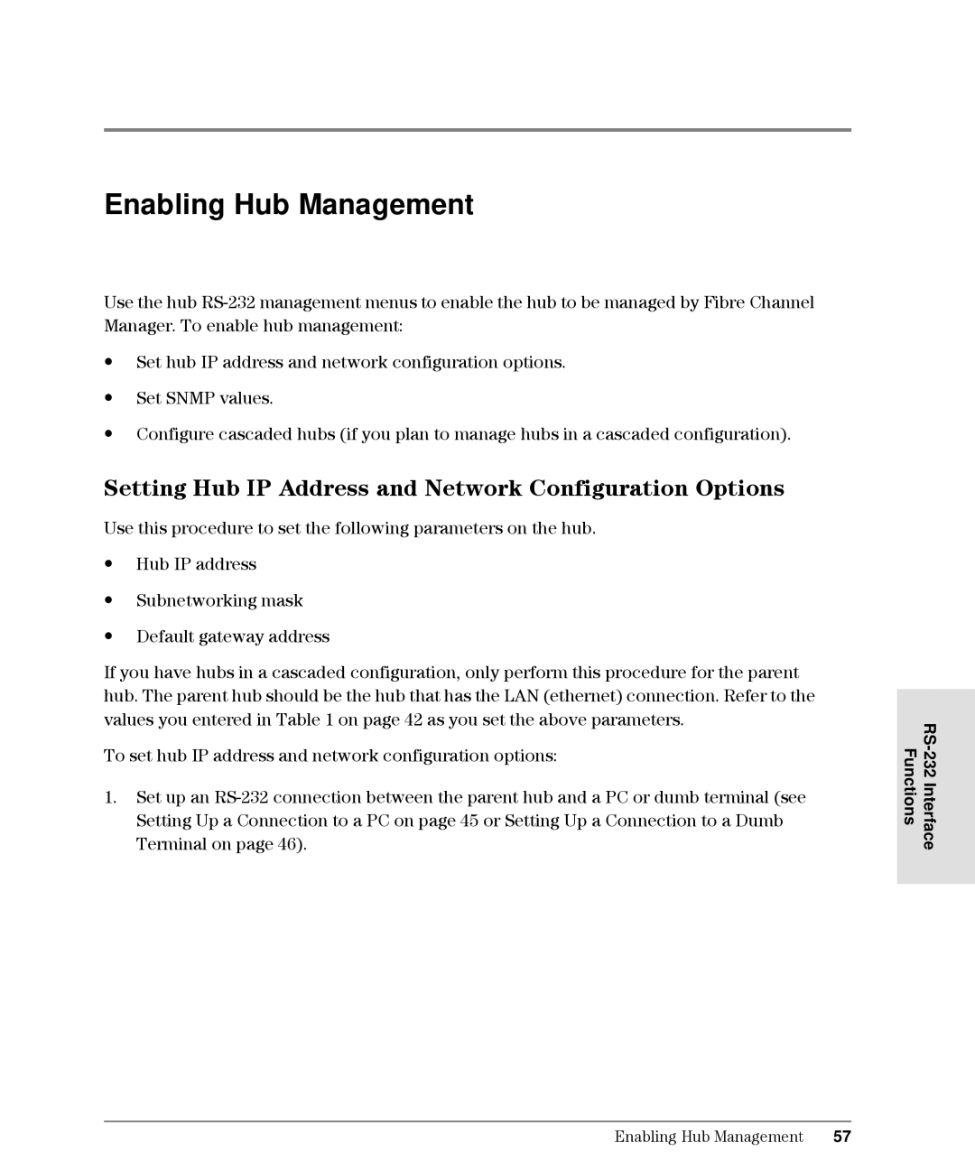 HP Intrusion Prevention System S10, L10 Enabling Hub Management, Setting Hub IP Address and Network Configuration Options 