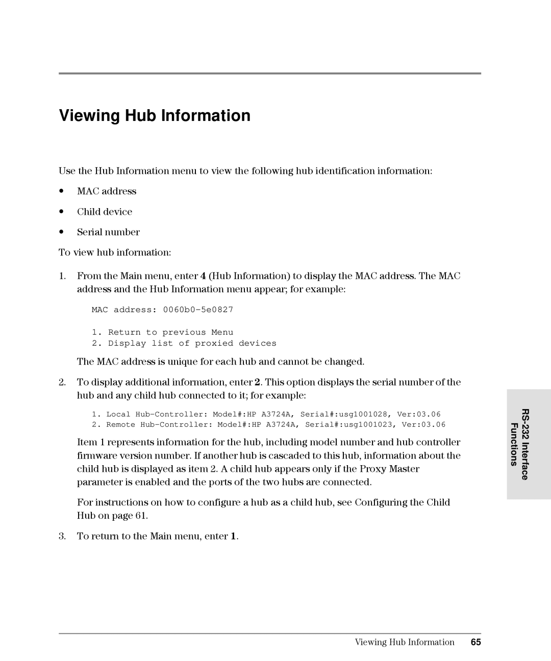 HP Intrusion Prevention System S10, L10 manual Viewing Hub Information, RS-232 Interface Functions 