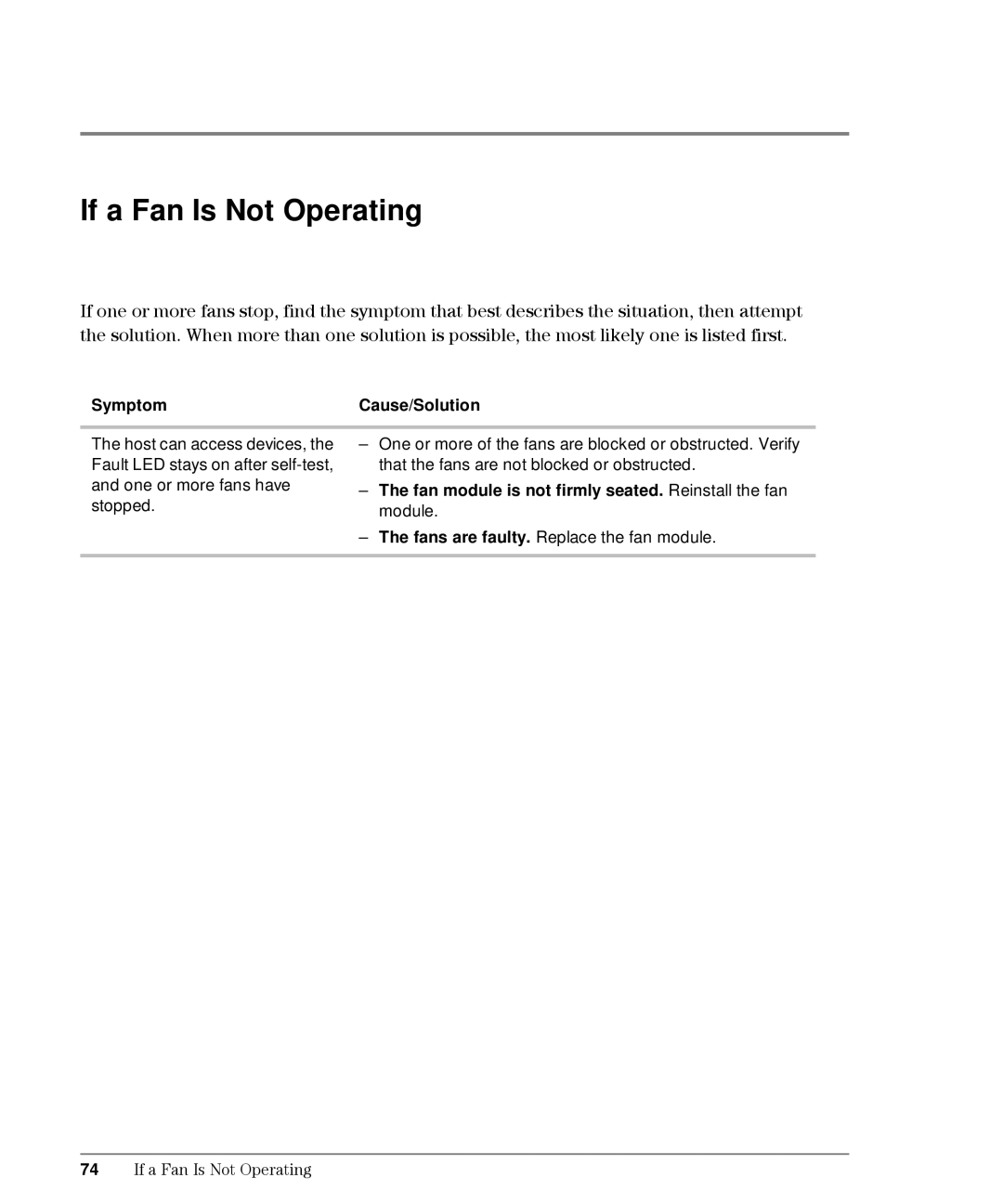 HP L10 manual If a Fan Is Not Operating, Fan module is not firmly seated. Reinstall the fan module 