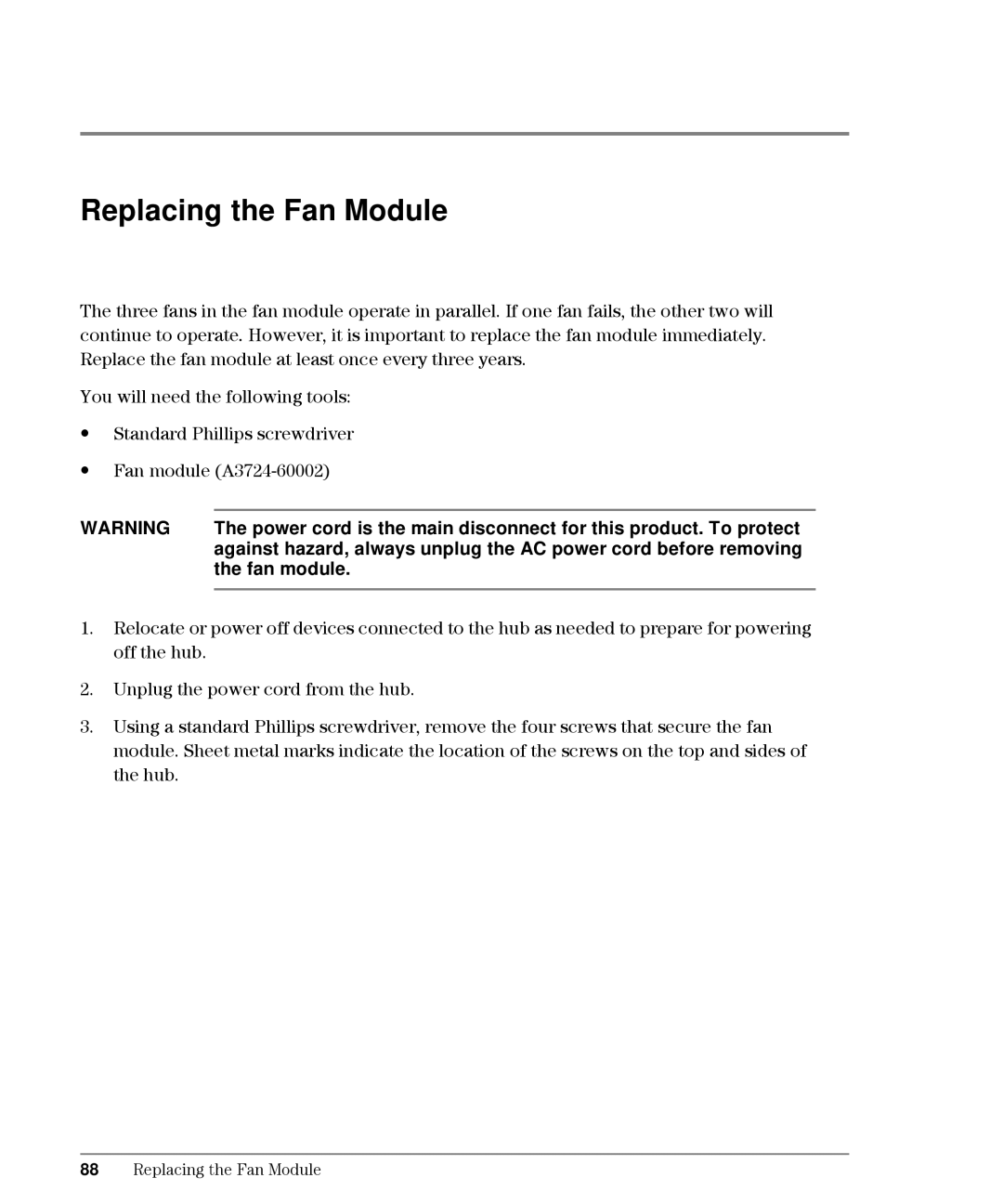 HP L10, Intrusion Prevention System S10 manual Replacing the Fan Module, Fan module 