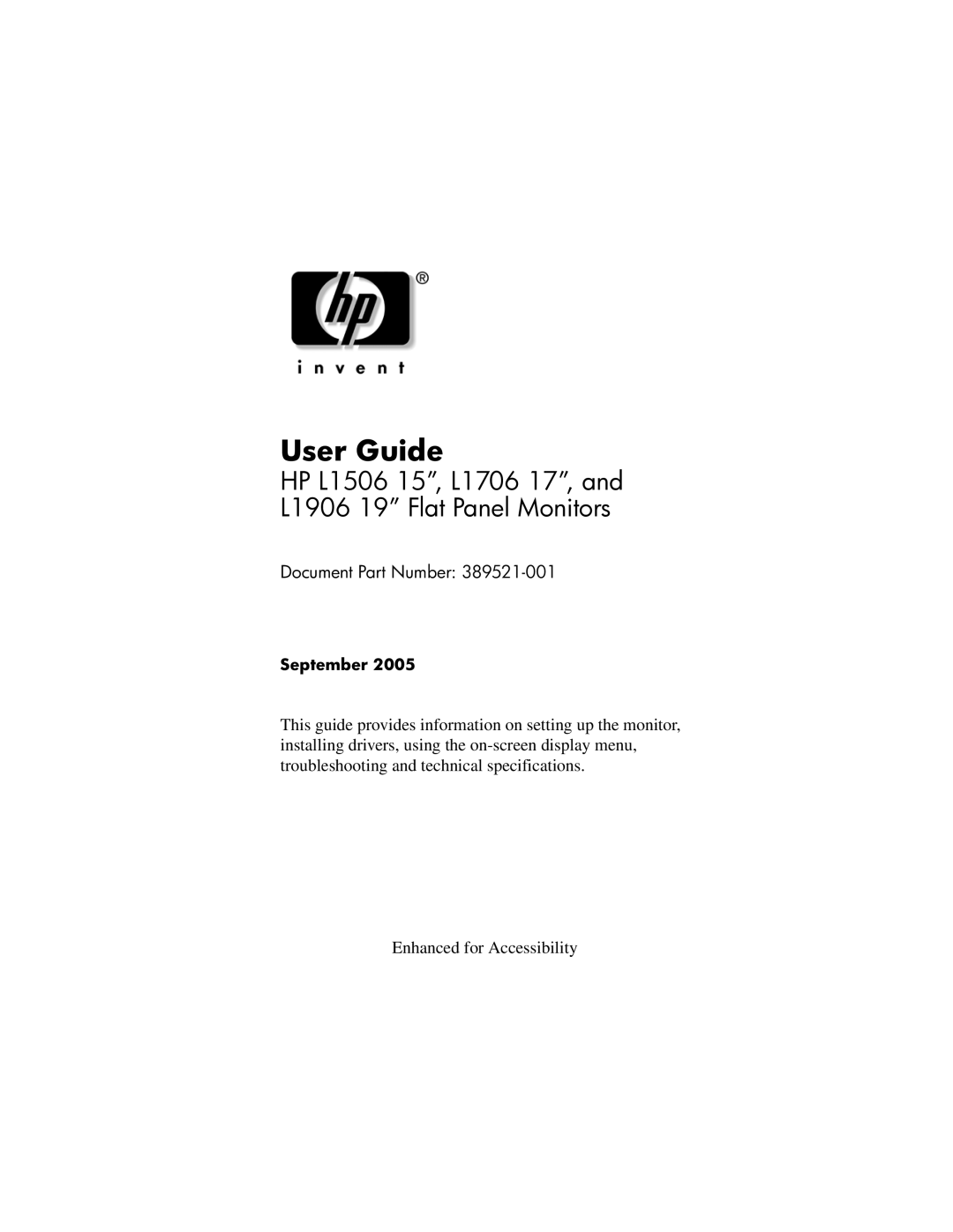 HP L1506 15-inch manual HP L1506 15, L1706 17, and L1906 19 Flat Panel Monitors, Document Part Number 