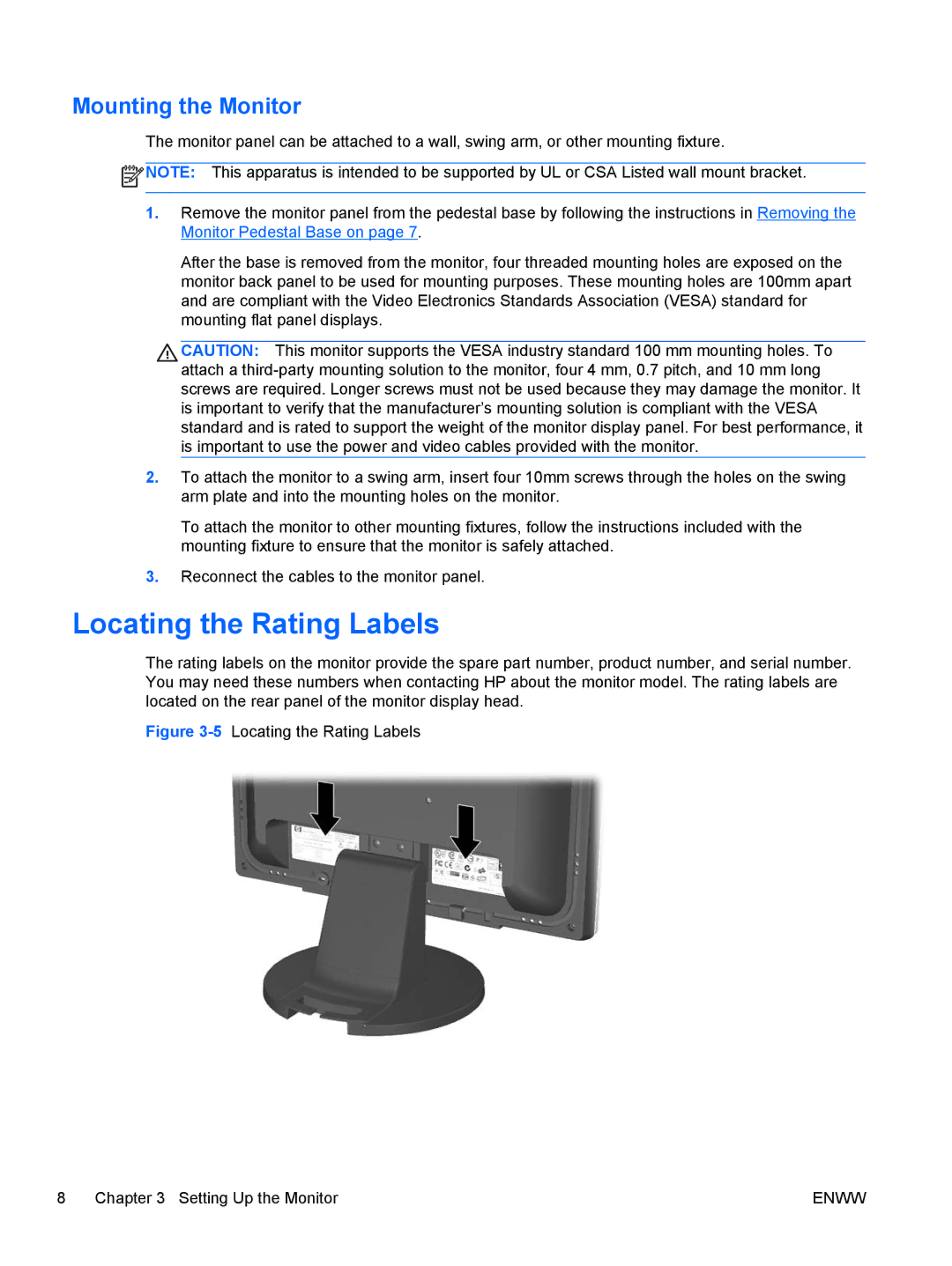 HP L1506x 15-inch Non-Touch manual Locating the Rating Labels, Mounting the Monitor 