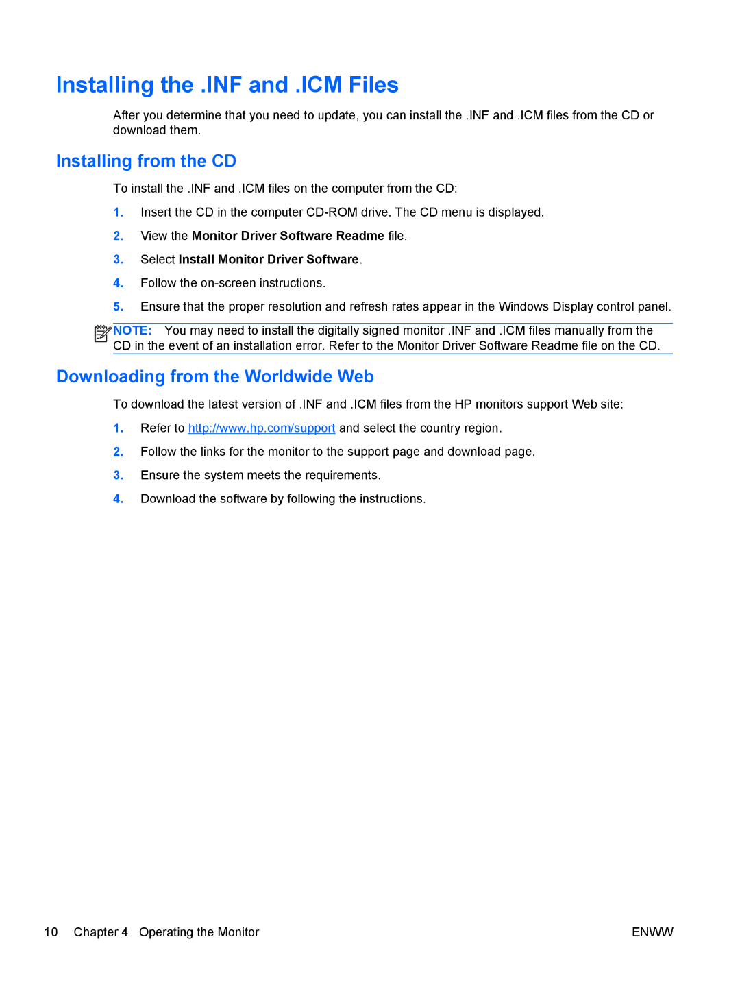 HP L1506x 15-inch Non-Touch Installing the .INF and .ICM Files, Installing from the CD, Downloading from the Worldwide Web 