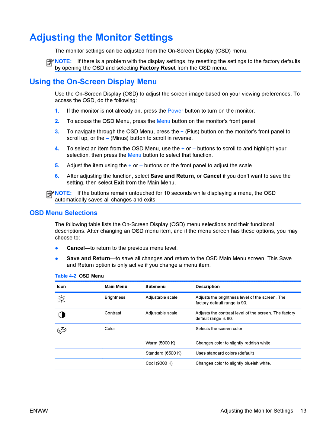 HP L1506x 15-inch Non-Touch manual Adjusting the Monitor Settings, Using the On-Screen Display Menu 