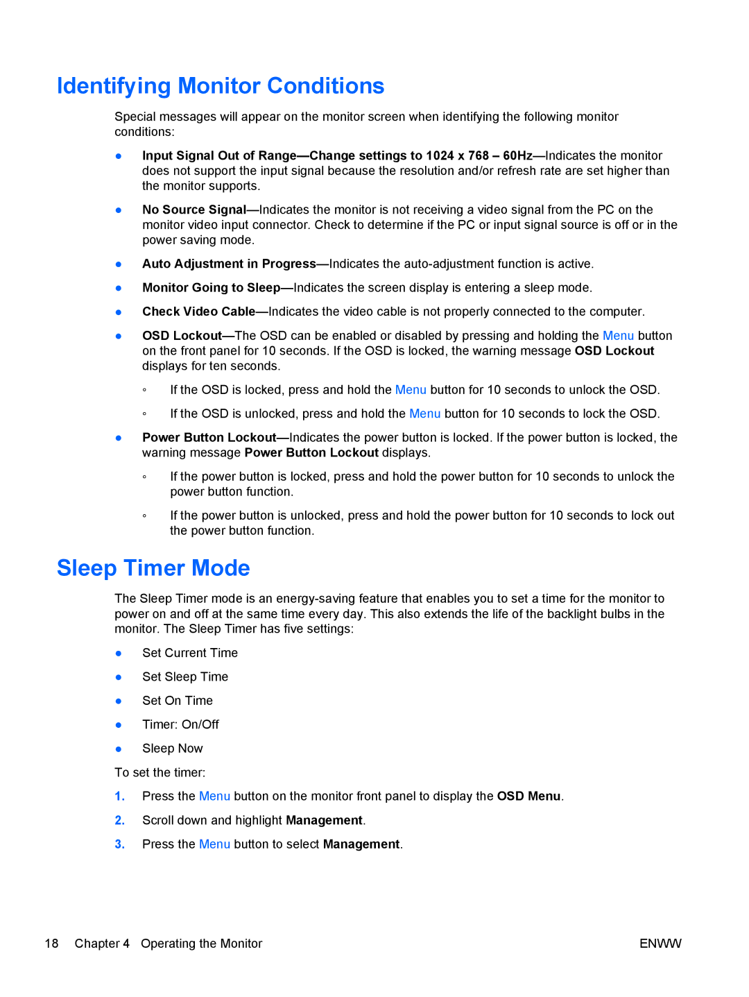 HP L1506x 15-inch Non-Touch manual Identifying Monitor Conditions, Sleep Timer Mode 