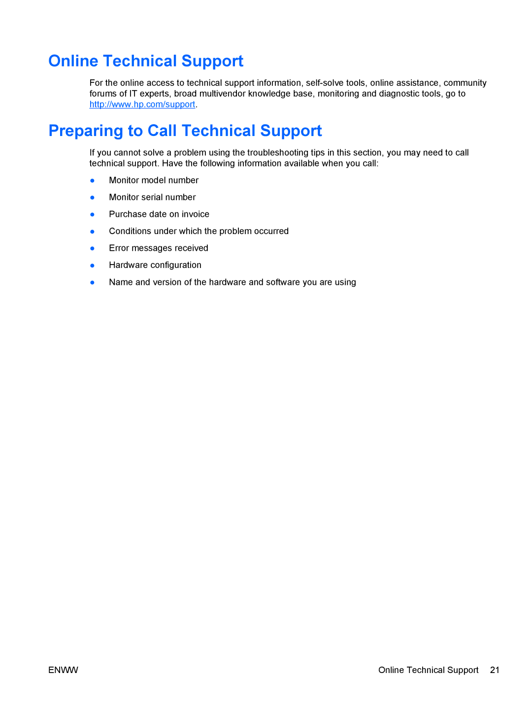 HP L1506x 15-inch Non-Touch manual Online Technical Support Preparing to Call Technical Support 