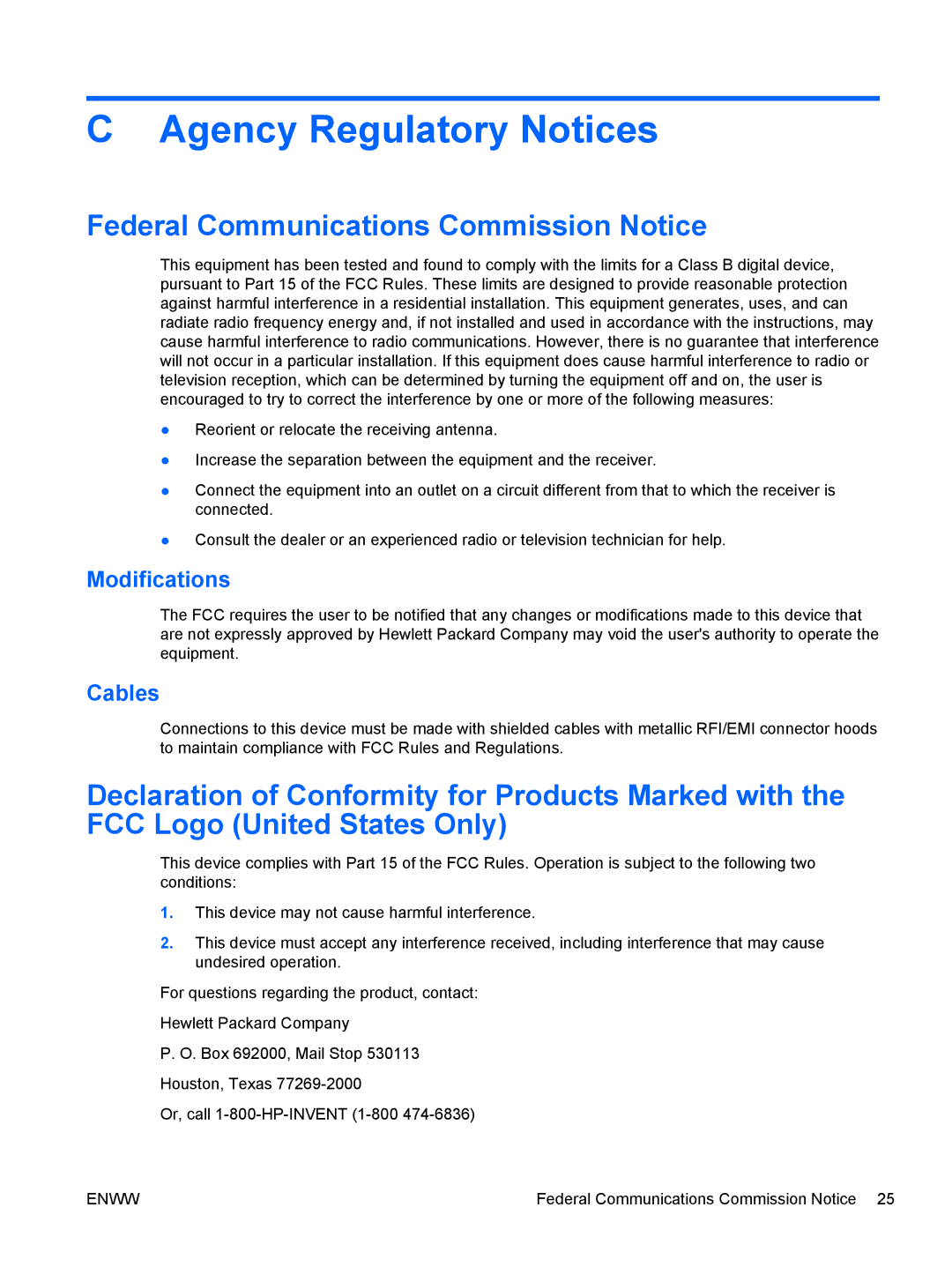 HP L1506x 15-inch Non-Touch Agency Regulatory Notices, Federal Communications Commission Notice, Modifications, Cables 