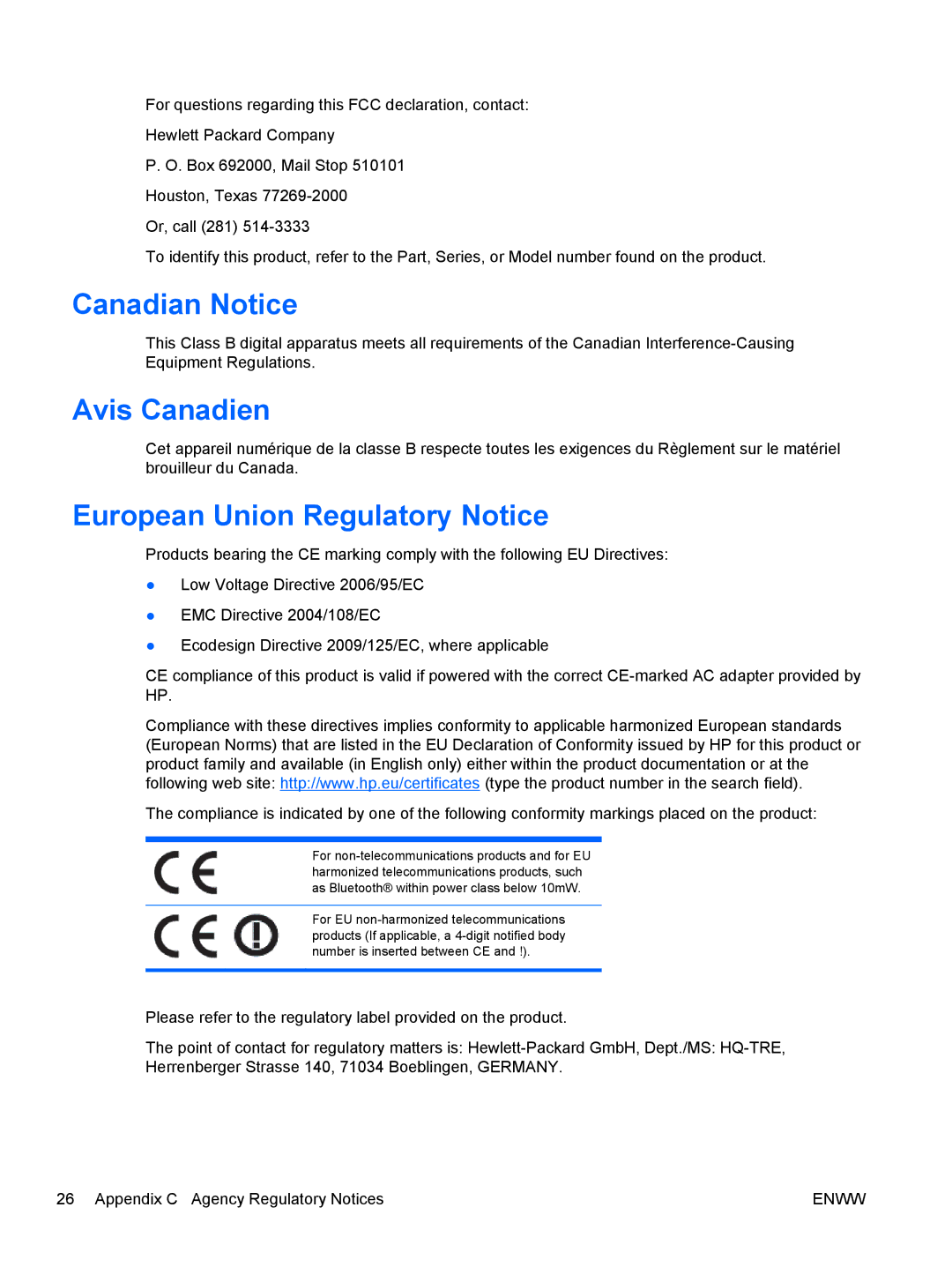 HP L1506x 15-inch Non-Touch manual Canadian Notice, Avis Canadien, European Union Regulatory Notice 